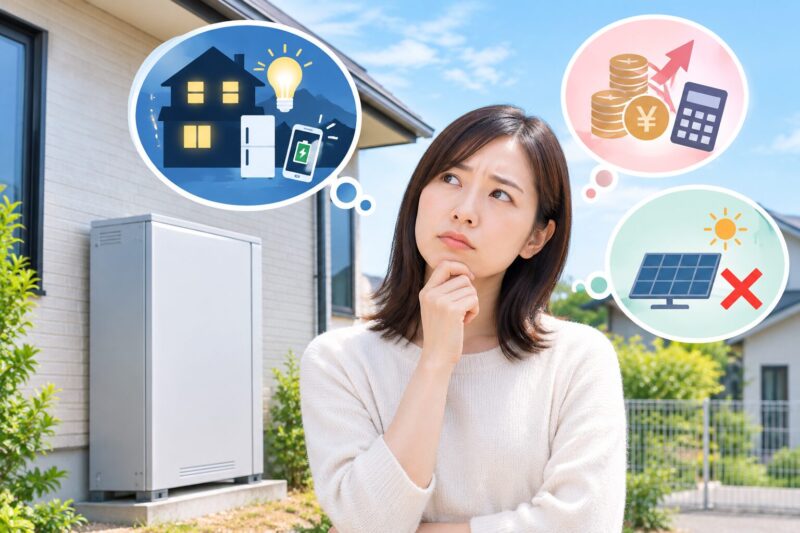 太陽光なしで蓄電池を導入するか検討する女性と住宅用蓄電池